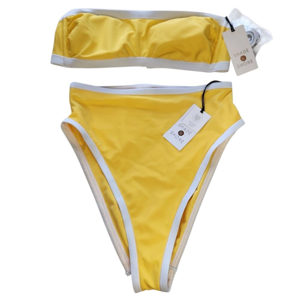 Shade & Shore High Waist High Leg Cheeky Contrast Band Bikini Size XS Yellow